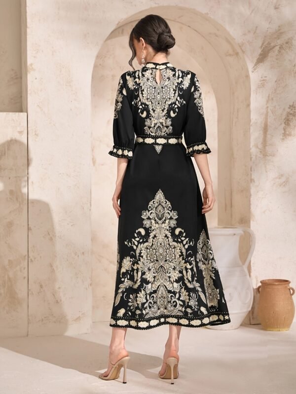 Paisley Print Crew Neck Dress, Elegant Tie Waist Ankle Length Half Sleeve Dress For Spring & Summer, Women's Clothing