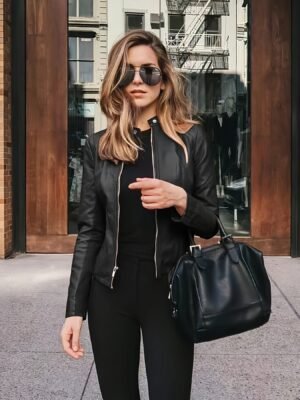 c08e53ef-eae8-4e13-9722-29c048d05934-1.jpg Women's Street Style Chic Coated Stretchy Plain Black Color Jacket With Zipper Pockets And Modern Fit