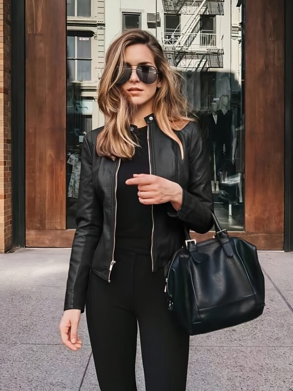 Women's Street Style Chic Coated Stretchy Plain Black Color Jacket With Zipper Pockets And Modern Fit