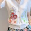 Floral & Mushroom Pattern V Neck Cardigan, Casual Beaded Button Short Sleeve Sweater For Spring & Summer, Women's Clothing