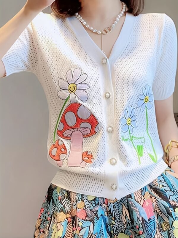 Floral & Mushroom Pattern V Neck Cardigan, Casual Beaded Button Short Sleeve Sweater For Spring & Summer, Women's Clothing