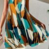 Geo Print Keyhole Back Pleated Dress, Elegant Sleeveless Colorblock Dress, Women's Clothing