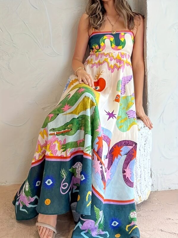 Cartoon Drawstring Print Shirred Cami Dress, Elegant Sleeveless Spaghetti Strap Dress, Women's Clothing