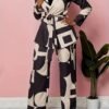 Business Casual Geo Print Two-piece Set, Notched Collar Tie-waist Blazer & Wide Leg Pants Outfits, Women's Clothing