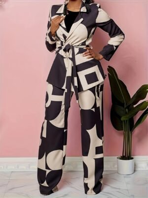 Business Casual Geo Print Two-piece Set, Notched Collar Tie-waist Blazer & Wide Leg Pants Outfits, Women's Clothing