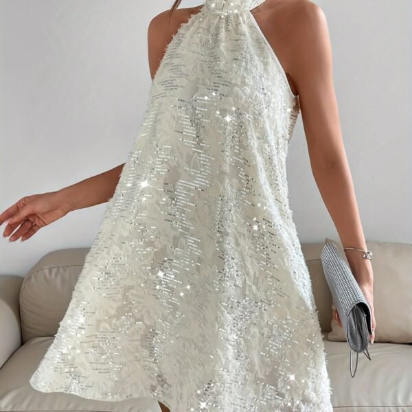 Sequined Raw Trim Halter Neck Dress, Elegant Sleeveless Keyhole Back Dress, Women's Clothing