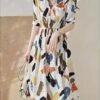 Allover Print Button Front A-line Dress, Elegant Short Sleeve Dress For Spring & Summer, Women's Clothing