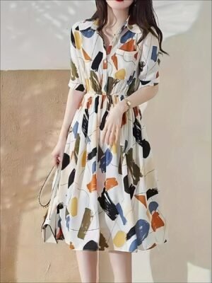 c3bf336c-52ac-46bd-b8d5-a7bfc2dc37fb-1.jpg Allover Print Button Front A-line Dress, Elegant Short Sleeve Dress For Spring & Summer, Women's Clothing