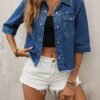 Women's Plus Size Half-Sleeve Denim Jacket With Flap Pockets And Frayed Hem, Elegant Casual Style, Versatile Summer Top In Blue