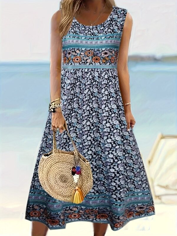 Floral Print Crew Neck A-line Dress, Casual Sleeveless Tank Dress For Spring & Summer, Women's Clothing