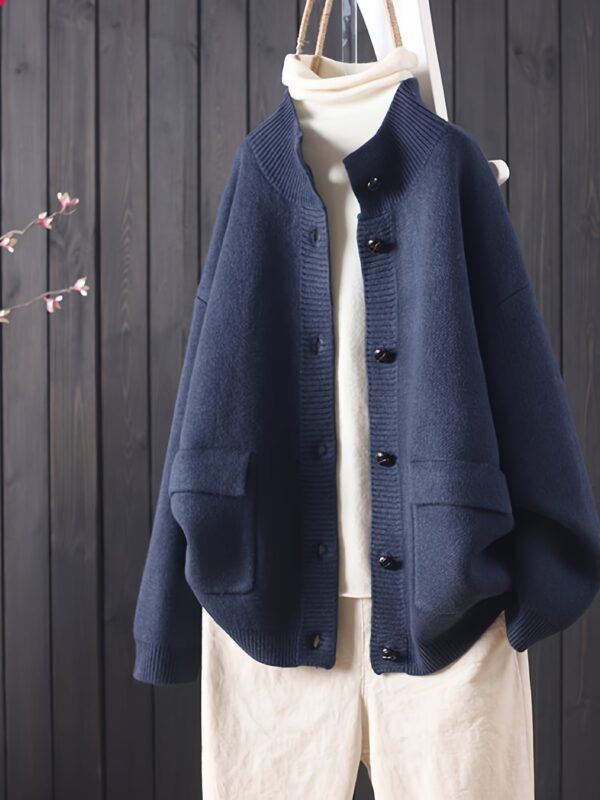 Solid Color Button Front Knitted Cardigan, Casual Long Sleeve Cardigan For Fall & Winter, Women's Clothing