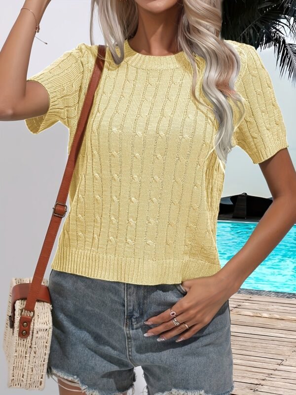 Cable Knitted Crew Neck Sweater, Casual Short Sleeve Pullover Sweater For Spring & Summer, Women's Clothing
