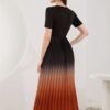 Ombre Crew Neck Pleated Dress, Elegant Short Sleeve A-line Swing Dress For Spring & Summer, Women's Clothing
