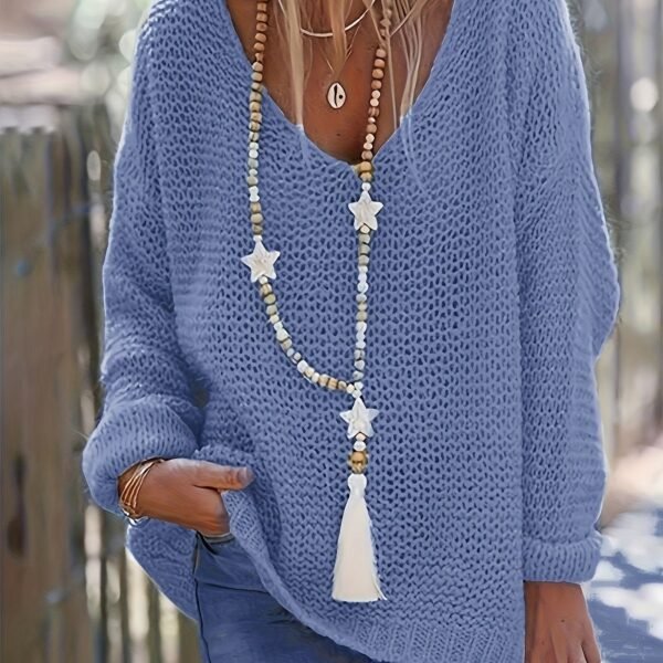 Solid V Neck Knitted Pullover Sweater, Casual Long Sleeve Sweater For Spring & Fall, Women's Clothing