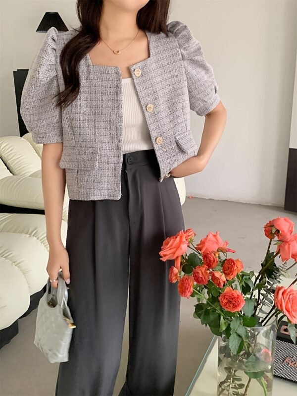 Puff Sleeve Square Neck Jacket, Elegant Button Front Jacket For Spring & Fall, Women's Clothing