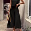 Elegant Solid Color Pantsuits Set, Crew Neck Tank Top & Wide Leg Pants Outfits, Women's Clothing