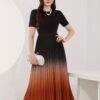 Ombre Crew Neck Pleated Dress, Elegant Short Sleeve A-line Swing Dress For Spring & Summer, Women's Clothing