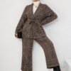 Plus Size Elegant Suit Set, Women's Plus Plaid Print Long Sleeve Waterfall Collar Belted Blazer & Wide Leg Pants Outfits Two Piece Set