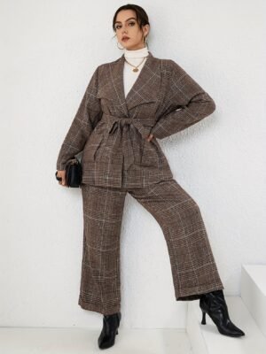cb6e74f9c01f6d259bfb1525b8883441-1.jpg Plus Size Elegant Suit Set, Women's Plus Plaid Print Long Sleeve Waterfall Collar Belted Blazer & Wide Leg Pants Outfits Two Piece Set