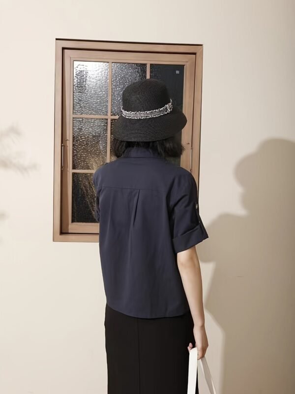 Solid Flap Jacket Button Up Jacket, Casual Short Sleeve Lapel Collar Loose Jaket, Women's Clothing