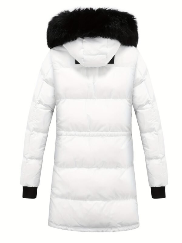 Women's Winter Puffer Jacket, Faux Fur Collar Hooded Coat, Zip-up Snap Button Windproof Thermal Casual Jacket