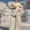 Solid Color Pantsuits Set, Button Front Long Sleeve Shirt & Wide Leg Drawstring Waist Pants Outfits, Women's Clothing