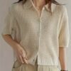 Solid Color Button Front Knit Cardigan, Casual Collared Short Sleeve Cardigan For Spring & Summer, Women's Clothing