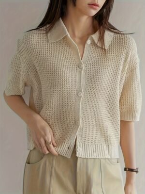 Solid Color Button Front Knit Cardigan, Casual Collared Short Sleeve Cardigan For Spring & Summer, Women's Clothing