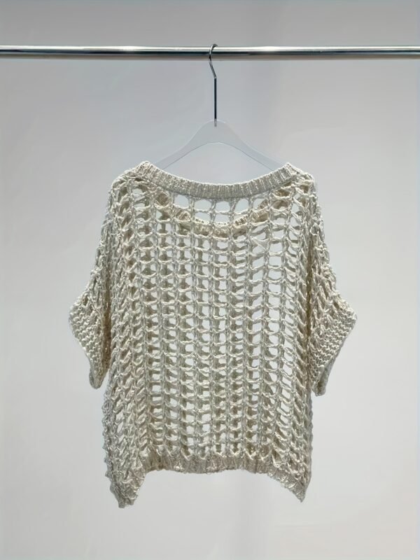 Hollow Out Crochet Crew Neck Sweater, Casual Short Sleeve Knit Top For Spring & Summer, Women's Clothing