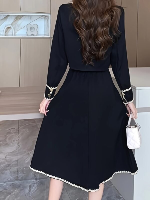 Elegant Button Front Contrast Trim Skirt Set, Long Sleeve Jacket & Pleated Midi Skirt Outfits, Women's Clothing