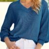 Solid V Neck Pointelle Knit Sweater, Casual 3/4 Sleeve Loose Sweater, Women's Clothing