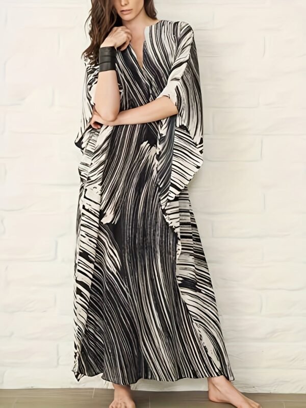 Plus Size Striped Notched Neck Coverup Dress, Vacation Batwing Sleeve Maxi Dress For Beachwear, Women's Clothing