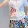 Floral & Mushroom Pattern V Neck Cardigan, Casual Beaded Button Short Sleeve Sweater For Spring & Summer, Women's Clothing
