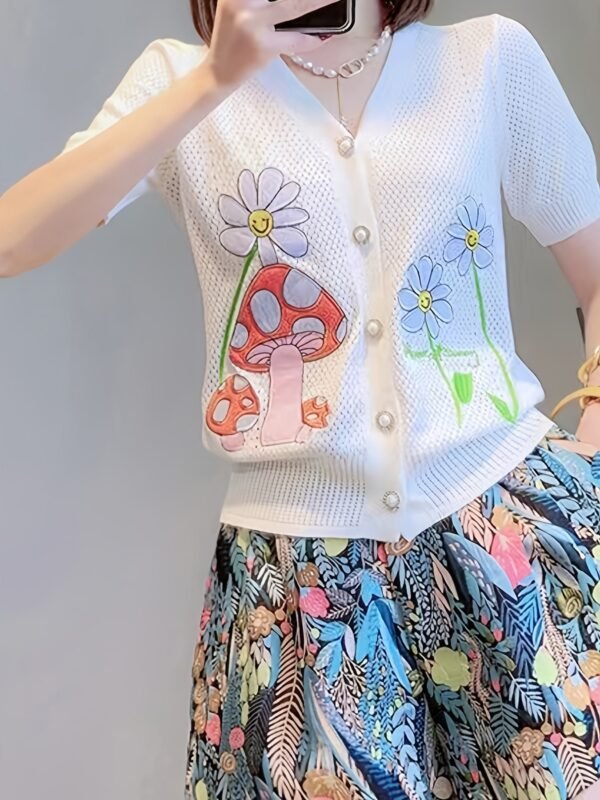 Floral & Mushroom Pattern V Neck Cardigan, Casual Beaded Button Short Sleeve Sweater For Spring & Summer, Women's Clothing