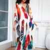 Plus Size Colorful Butterfly Print Slit Dress, Casual Batwing Sleeve Dress For Spring & Summer, Women's Plus Size Clothing