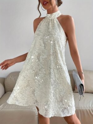 cf6bc7e8-7de8-4129-8186-4715d6567a21-1.jpg Sequined Raw Trim Halter Neck Dress, Elegant Sleeveless Keyhole Back Dress, Women's Clothing