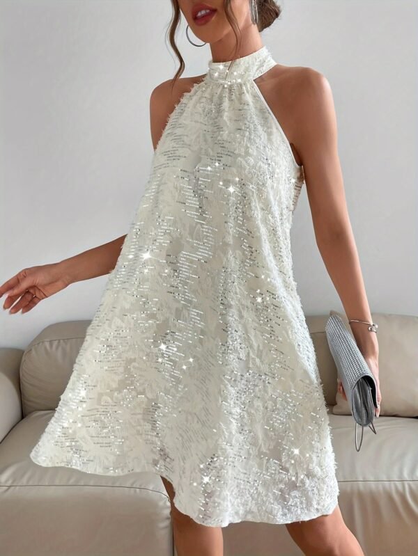 Sequined Raw Trim Halter Neck Dress, Elegant Sleeveless Keyhole Back Dress, Women's Clothing