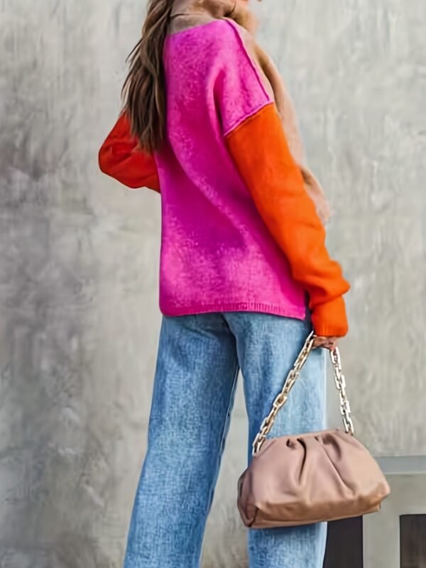 Color Block Turtle Neck Pullover Sweater, Casual Long Sleeve Split Side Sweater For Fall & Winter, Women's Clothing