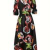Allover Print V-neck Dress, Elegant Short Sleeve A-line Dress For Spring & Summer, Women's Clothing