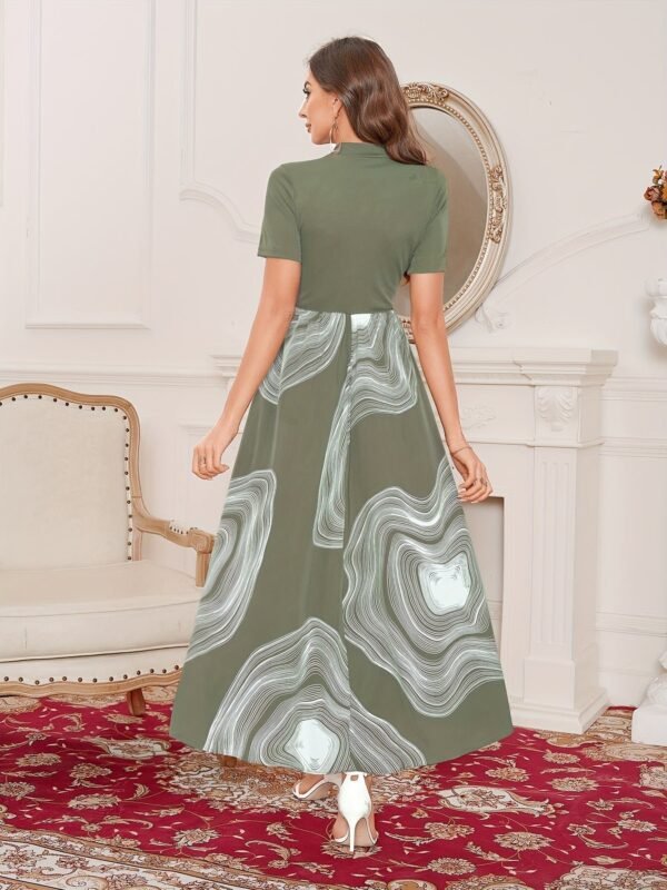 d131c49f0674f1419dc1865b239c9d17-1.jpg Graphic Print Splicing Aline Dress, Vintage Mock Neck Short Sleeve Dress, Women's Clothing