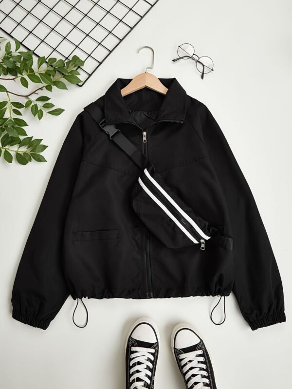 Solid Zip Up Jacket, Casual Long Sleeve Windproof Daily Outerwear With Bag, Women's Clothing