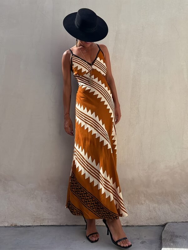 Ethnic Print Two Tone Cami Dress, Elegant V Neck Sleeveless Ankle Length Cami Dress For Spring & Summer, Women's Clothing