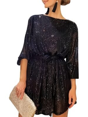 d39eb63d07d10096a9c88bc0079466b9-1.jpg Sequined Tie Waist Dress, Elegant Solid Dress For Club & Party, Women's Clothing