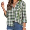 Plaid Print Single Breasted Jacket, Casual Drawstring Outwear For Spring & Fall, Women's Clothing