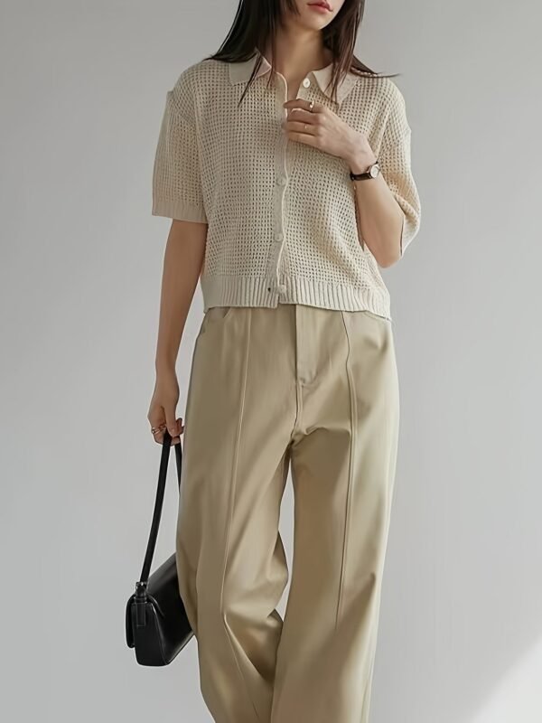 Solid Color Button Front Knit Cardigan, Casual Collared Short Sleeve Cardigan For Spring & Summer, Women's Clothing