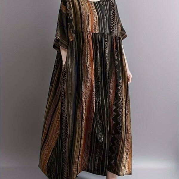 Plus Size Colorblock Stripe Print Loose Dress, Casual Short Sleeve Ruched Dress For Spring & Summer, Women's Plus Size Clothing