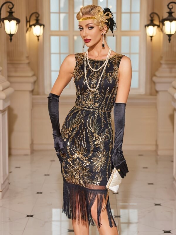 Sequined Tassel Hem Backless Tank Dress, Vintage Sleeveless Crew Neck Party & Banquet Dress, Women's Clothing