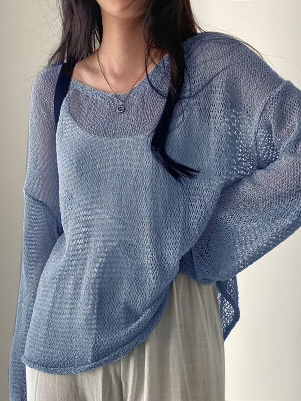 Solid Knitted Pullover Top, Casual Crew Neck Long Sleeve Crochet Coverup Top, Women's Clothing