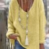 Solid V Neck Knitted Pullover Sweater, Casual Long Sleeve Sweater For Spring & Fall, Women's Clothing