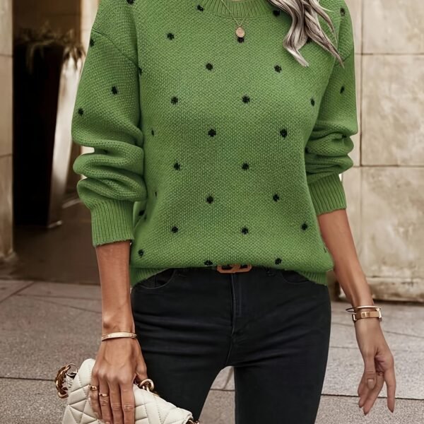Polka Dot Pattern Knit Sweater, Casual Long Sleeve Crew Neck Sweater, Women's Clothing